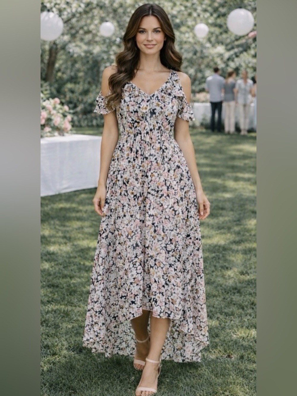 I ❤️ Ronson Yellow Pink Floral Midi Maxi Dress Cottagecore Romantic Sz XS S M